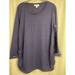 Elle - Women’s Size XXL Navy Top - 3/4 Sleeve w/Floral Cuffs - Curved Hem/Basic